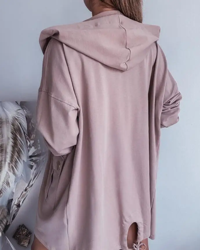 Women's Jacket 2025 Spring Snap Buttons Front Pocket Design Drawstring Back Hooded Jacket Casual Drop Shoulder Mid-Length Coat