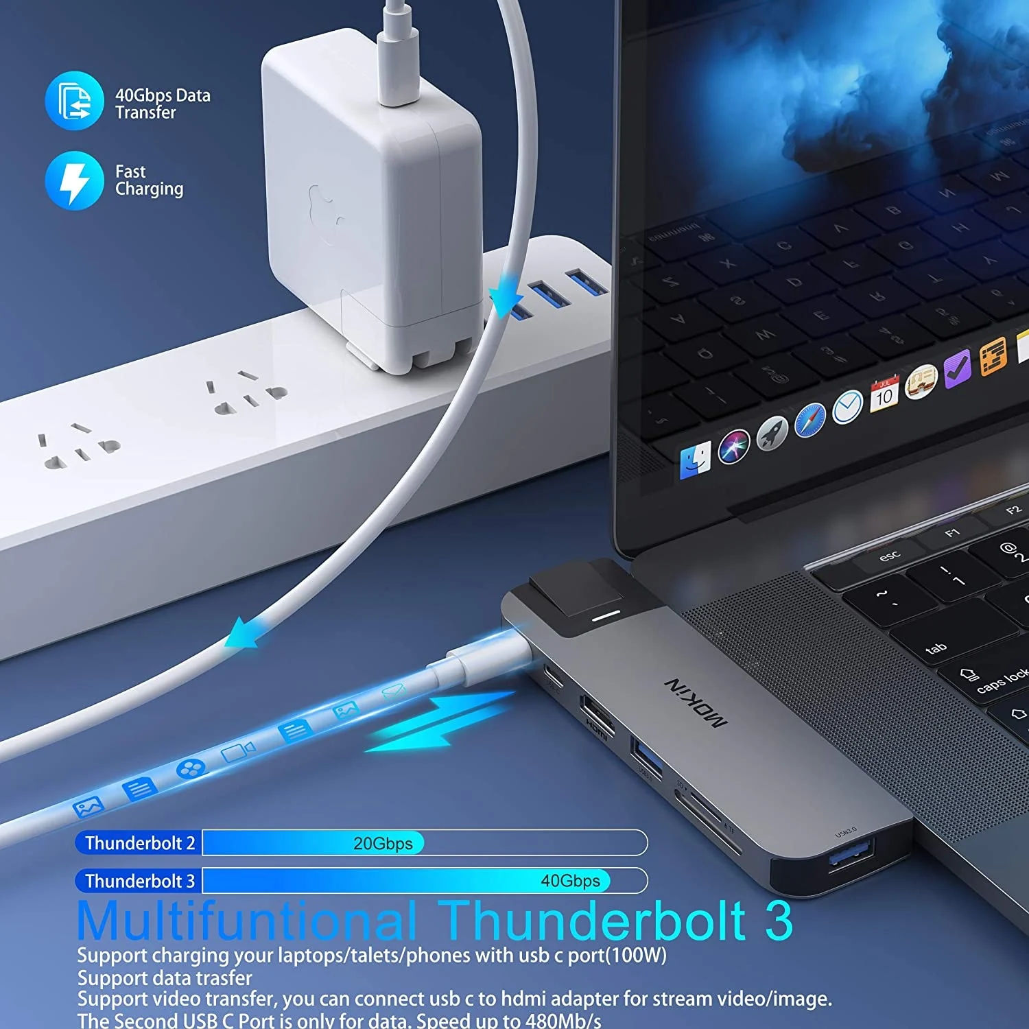 Estação de ancoragem USB C MOKiN 8 em 2 4K 60HZ - HDMI, USB3.0 5Gbps, PD 100W, SD/TF, TB3, RJ45 1000Mbps para MacBook Pro/Air M1 M2