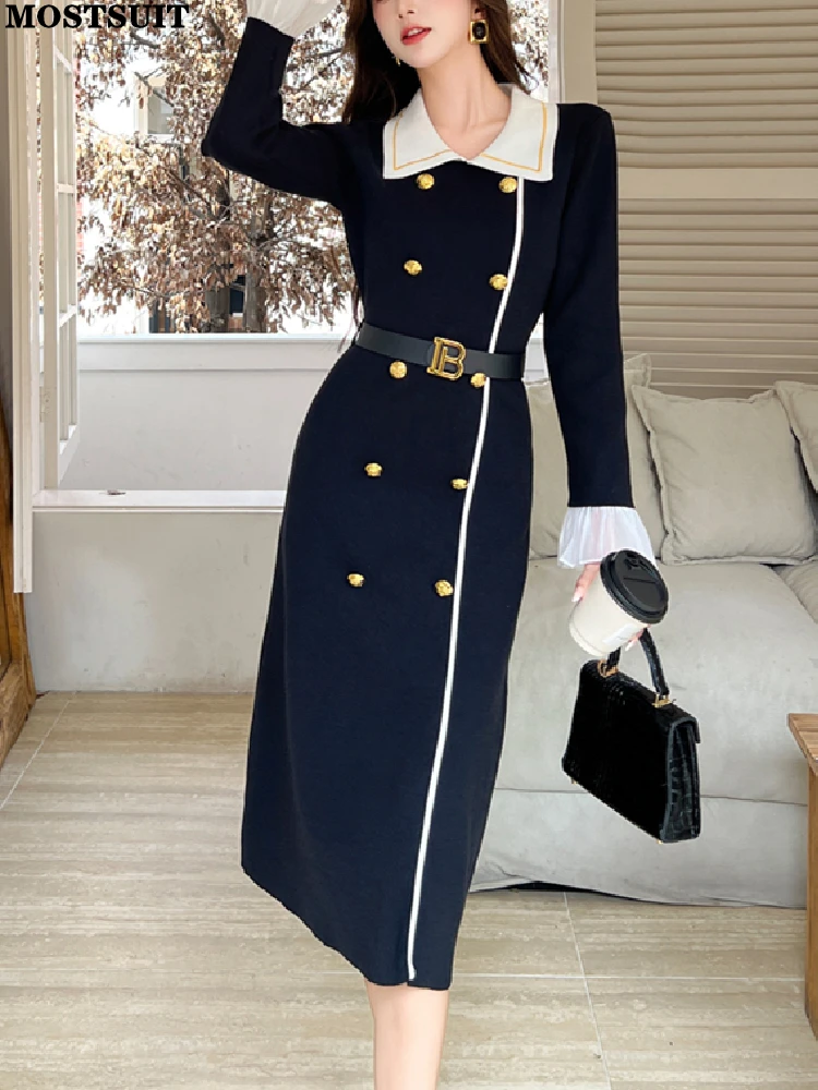 벨트가 달린 빈티지 니트 드레스 여성 더블 브레스트 긴 소매 드레스 스타일리시 우아한 시크 패션 여성 의류
