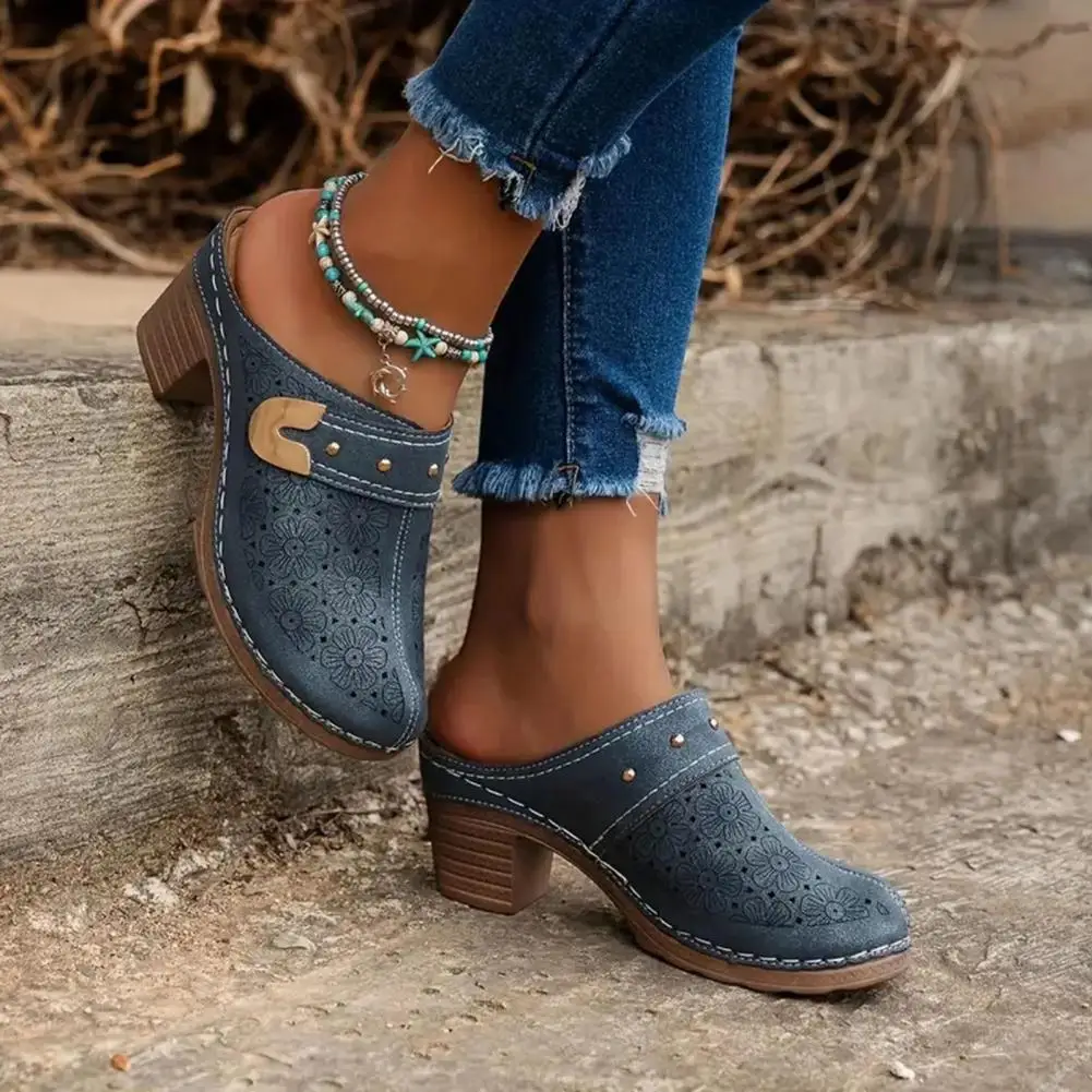 

Classic Design Women Shoes Stylish Women's Chunky Heel Mules with Flower Pattern Hollow Upper for Summer Street Parties Fall