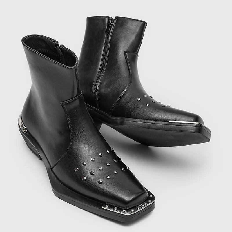 Men's 2026 Pointed Toe Chelsea Boots Studded Zipper Chunky Sole Punk Style Gothic High Heel Motorcycle Ankle Boots