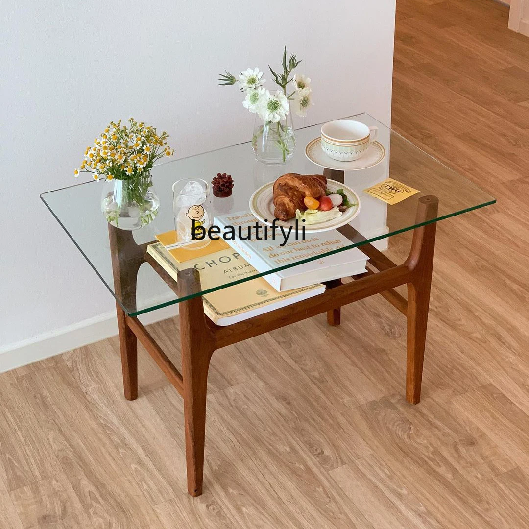 zqKorean Artsy Small Coffee Table Living Room Bedroom Sofa Side Table Solid Wood Tempered Glass Tea Table