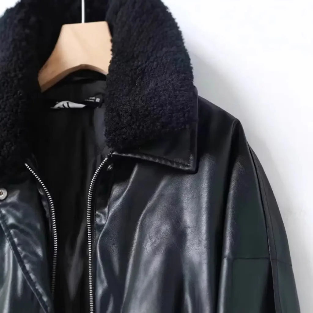 سترة TAOP & النسائية فضفاضة ذات طية صدر السترة وأكمام طويلة من الفرو الصناعي PU على الطراز الأوروبي والأمريكي لخريف/شتاء ملابس خارجية جديدة