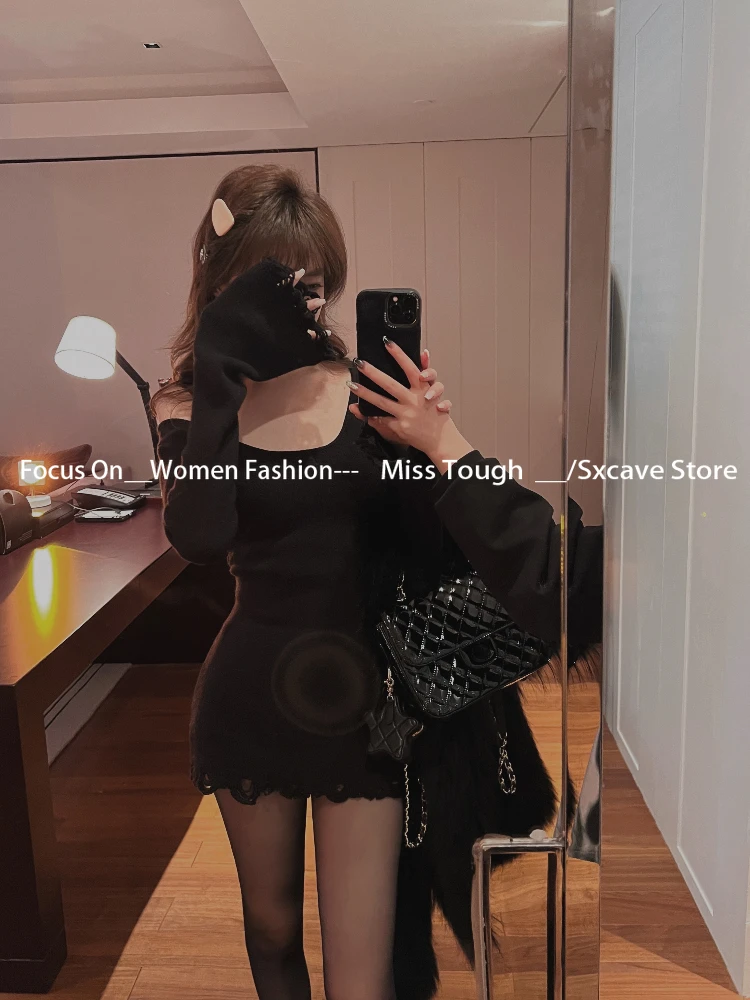 Korean Fashion Knitted Mini Dress Women Casual Y2k Clothing Evening Party Sweater Dress Office Lady Long Sleeve Bodycon Outfits