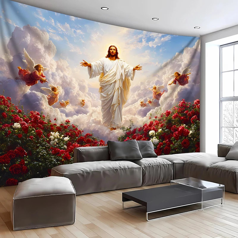 1PC Jesus Angel Cloud Art Print Backdrop Banner, Bedroom Living Room Photo Background, Polyester, Home Decor, Wall Art