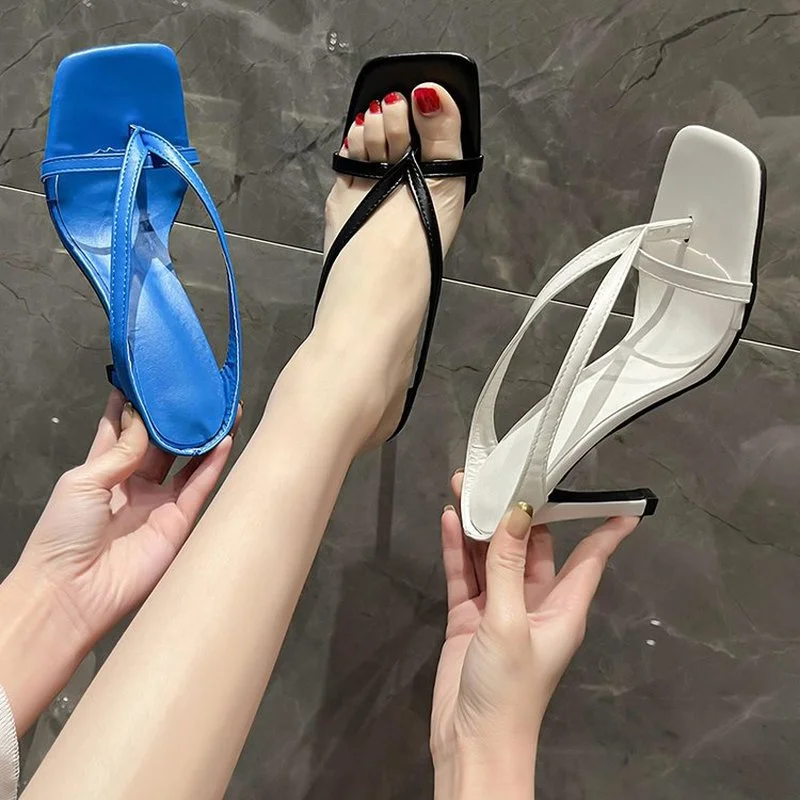 

Women Square Toe Slippers Flip Flop Ladies Fashion High Heels Sandals PU Leather Women's Casual Shoe Female Footwear2021 Summer