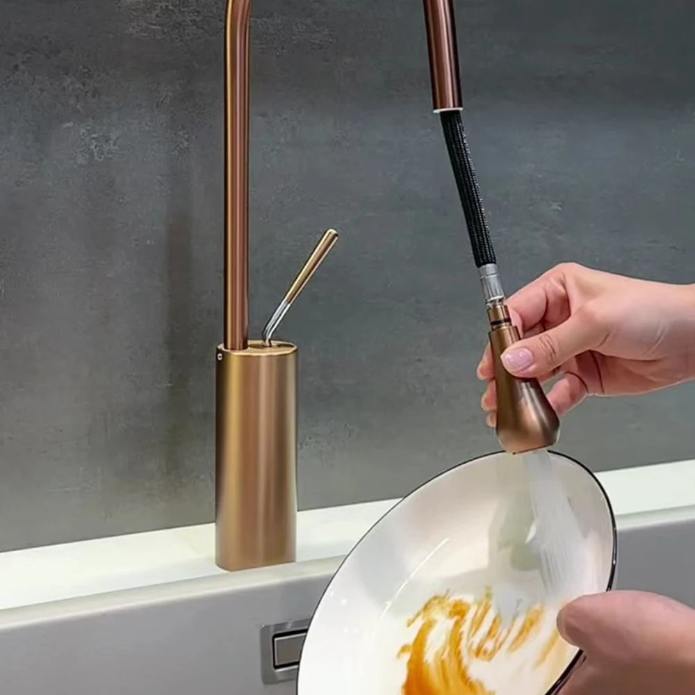 خلاط مطبخ ذهبي اللون، خلاط مياه بارد وساخن، مادة من الستانلس ستيل، خرطوم للجسم قابل للسحب للأسفل #5