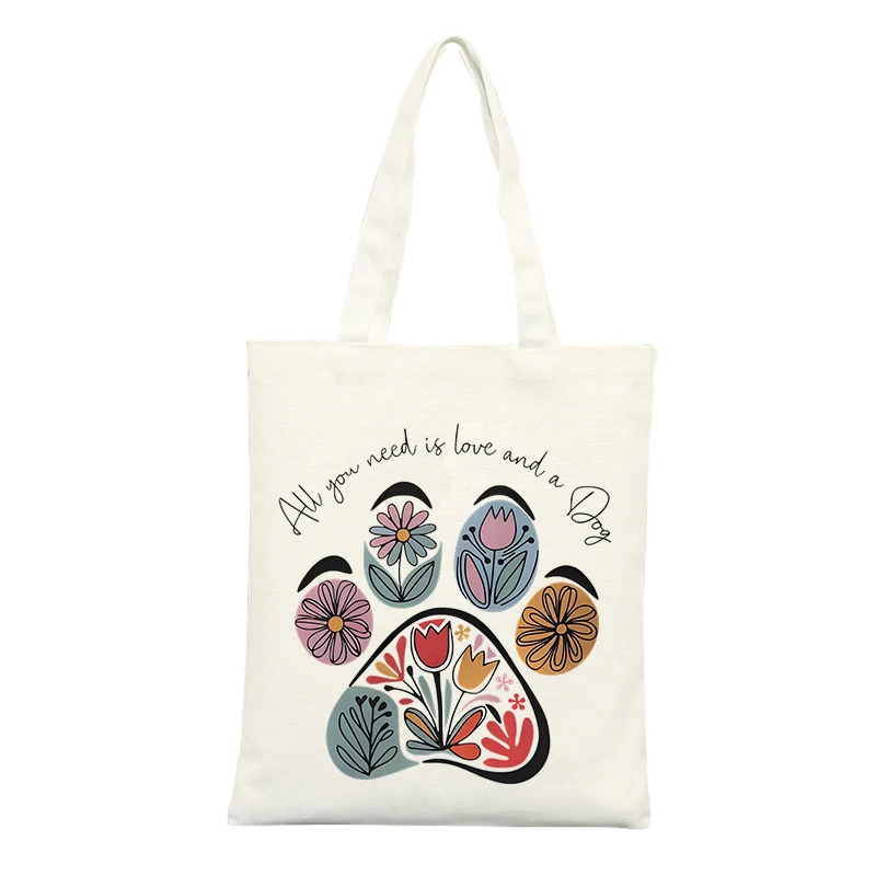Floral Paw Print Canvas Tote Bag with Handwritten Text, Ideal for Casual Daily Use and Shopping Outings