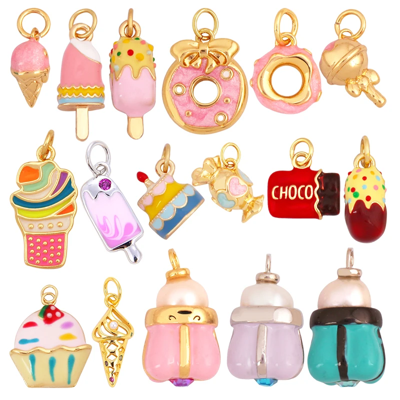 Sweet Cake Doughnut Candies Ice Cream Cone Charm Pendant,Real 18K Gold Plated Jewelry Necklace Bracelet Making Supplies K62