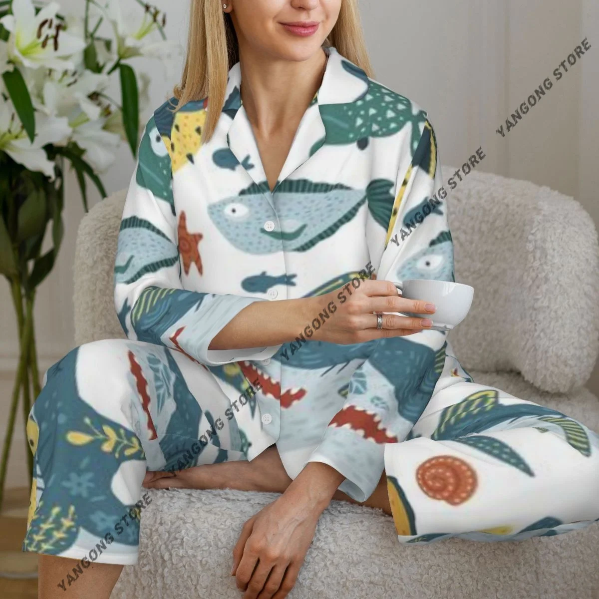 

Spring and Autumn Pajama Set Women's Long Sleeve Pants Two Piece Funny Shark Fish In Scandinavian Style Home Furnishing Set