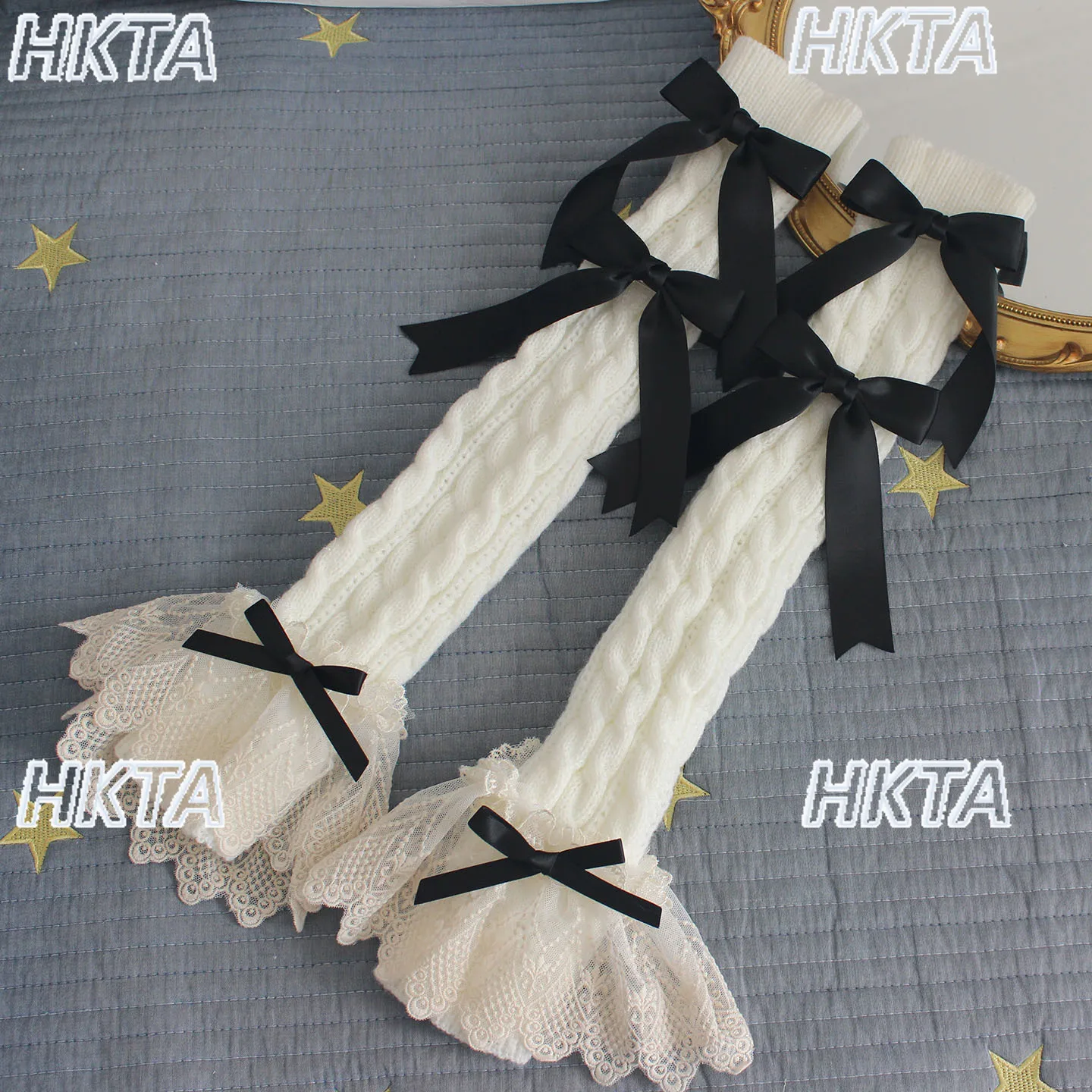 Dulce 2025 Otoño Invierno nuevo cálido tejido calentador de brazo largo Lolita manga de mano lazo de encaje blanco Oversleeve accesorios de ropa mujeres