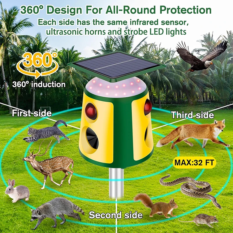 Ahuyentador de Animales Solar para Exteriores, 360 Grados, Luces LED Ultrasónicas, Alarma Sonora, Repelente de Palomas, Pájaros, Zorros, Serpientes y Ratones