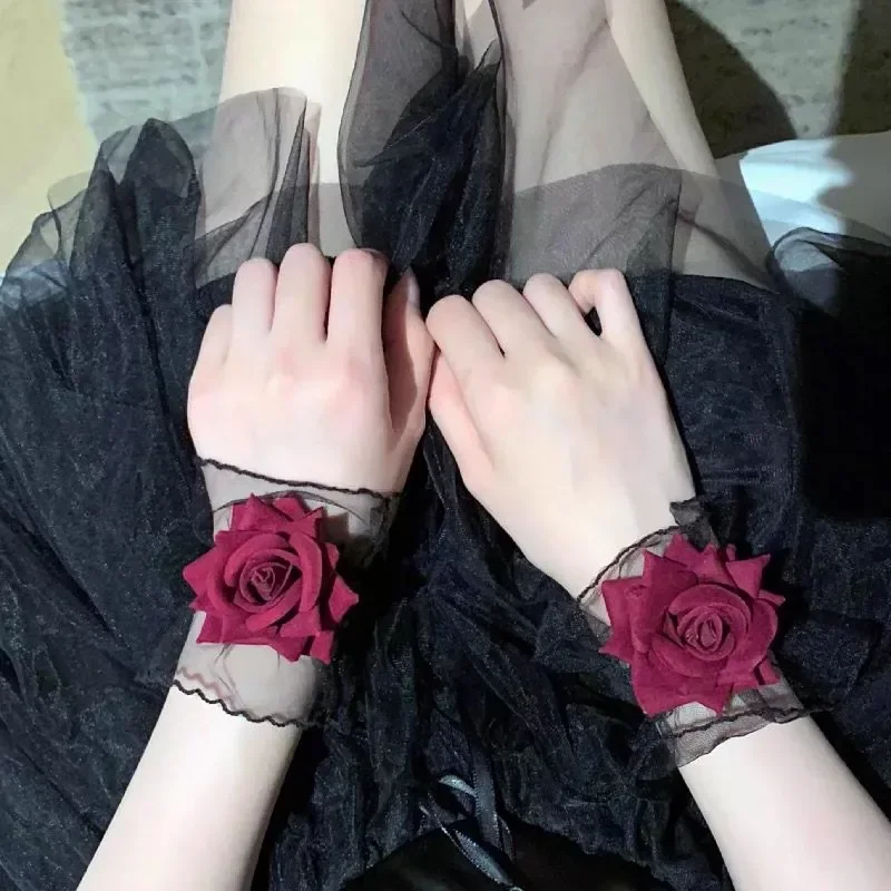 Rose Ruffle Lace False Sleeve Sweater Lace Sleeves Black White Lolita Wrist Cuffs Decor Steampunk Mesh Lace Dorations Horn Cuffs