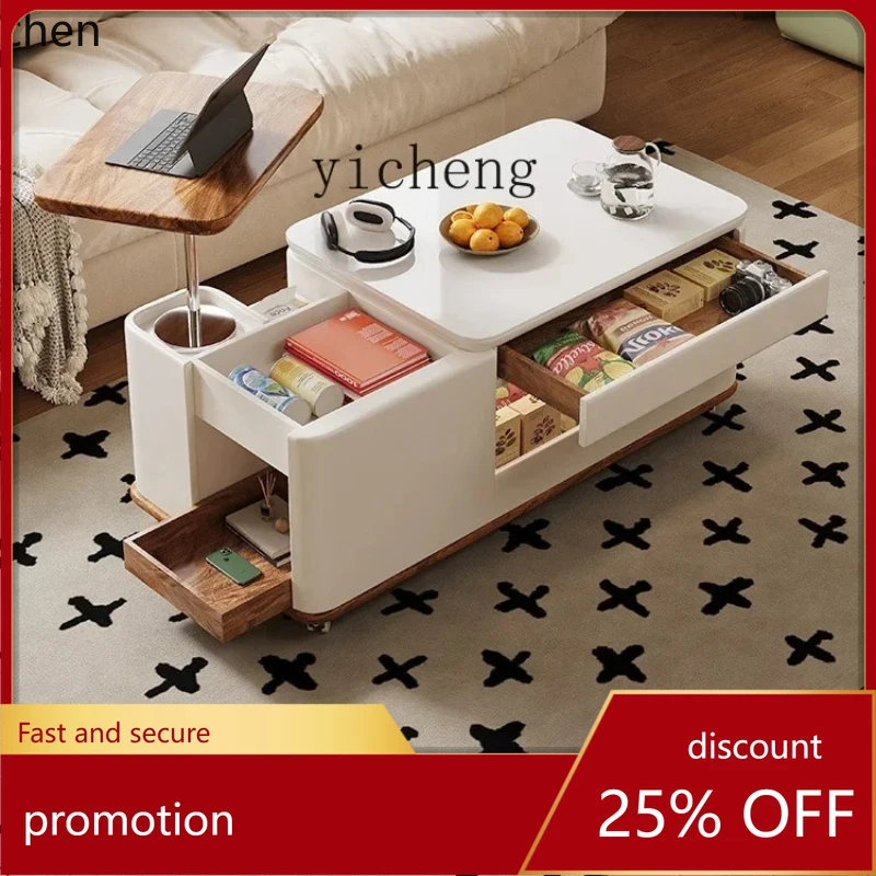 

HXL Solid Wood Mobile Coffee Table Trolley Multi-Function Lifting Stone Plate Side Table Tea Table