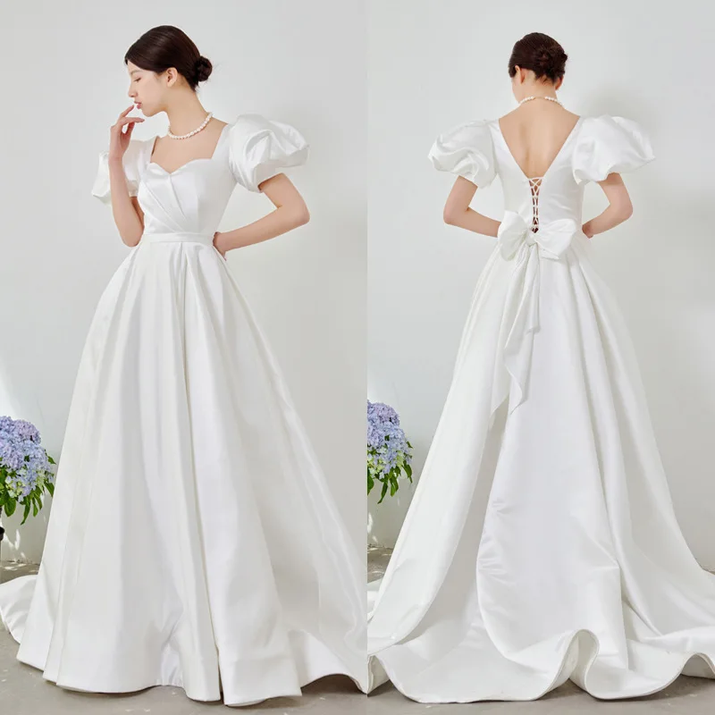 

Customized Satin Pure White Wedding Dresses Square Collar Bridal Ball Gowns Plus Size Lace up Evening Dresses Vestidos De Novia