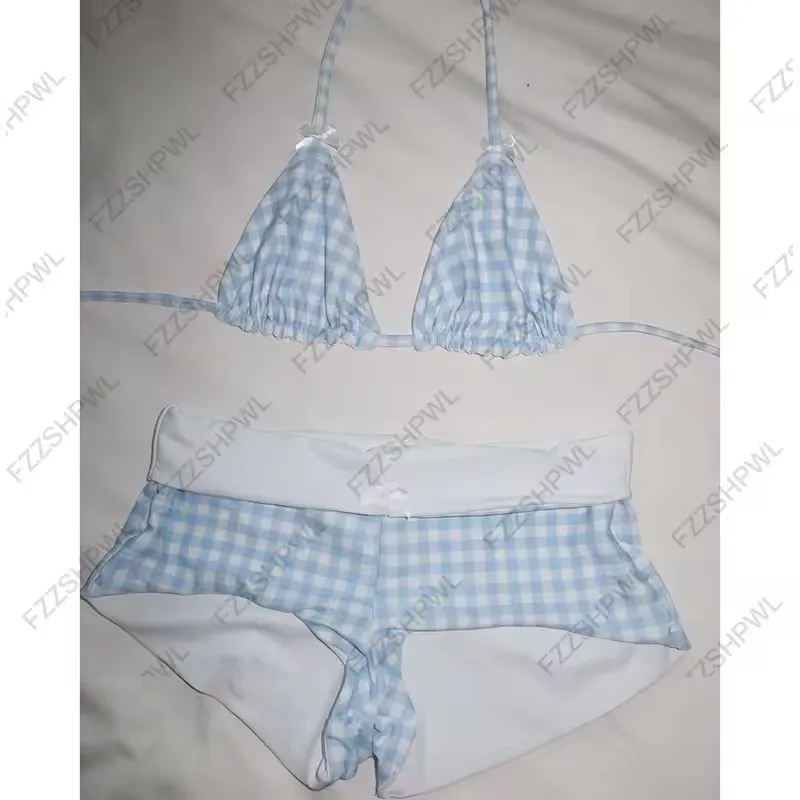 ผู้หญิง Beachwear ชุดบิกินี่ใหม่ Retro ลายสก๊อตสีฟ้าอเมริกันแฟชั่นชายหาดบิกินี่ชุดลําลองฤดูร้อน 2025 ชุดว่ายน้ํา