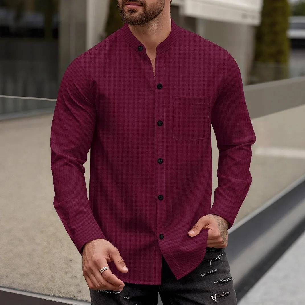 Men's Waffle Knit Stand Collar Long Sleeve Shirt Button Down Chest Pocket Casual Daily Wear