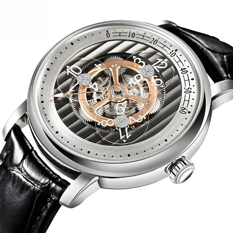 الموضة الكلاسيكية تجول ساعات معقد ثلاثة القرص عرض الوقت الزجاج المعدني اليابان 8215 حركة ساعة ميكانيكية للرجال