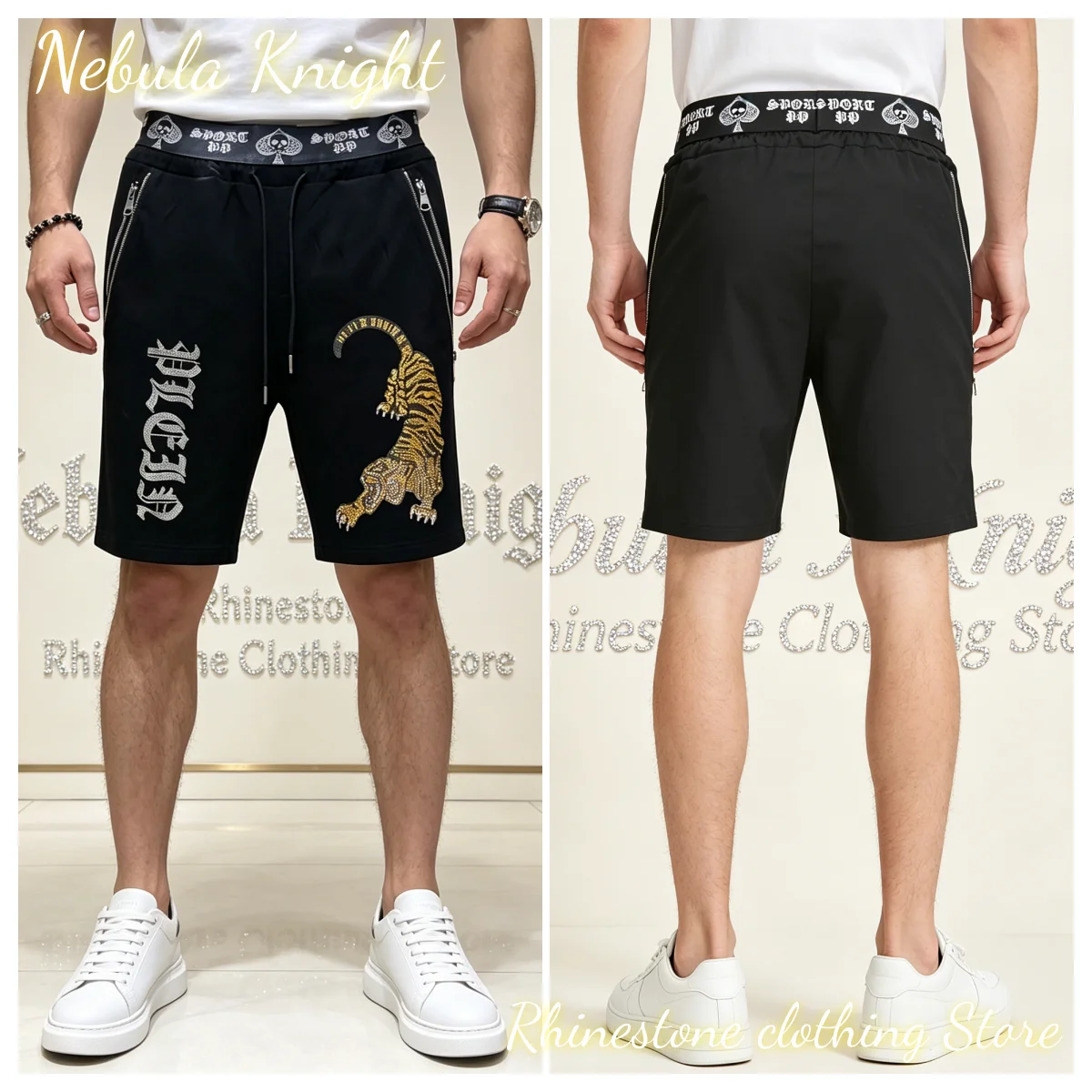 European Fashion Trend Men Rhinestone Sports Shorts Drawstring Waist Zipper Pocket Daily Casual Running Beach Shorts