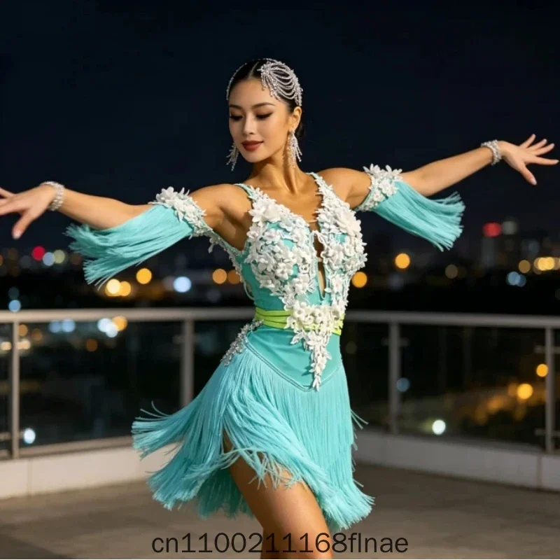 Blue Latin Dance Competition Dress New Style Tassel Flower Practice Dress Advanced Edition For Adults And Children Professional