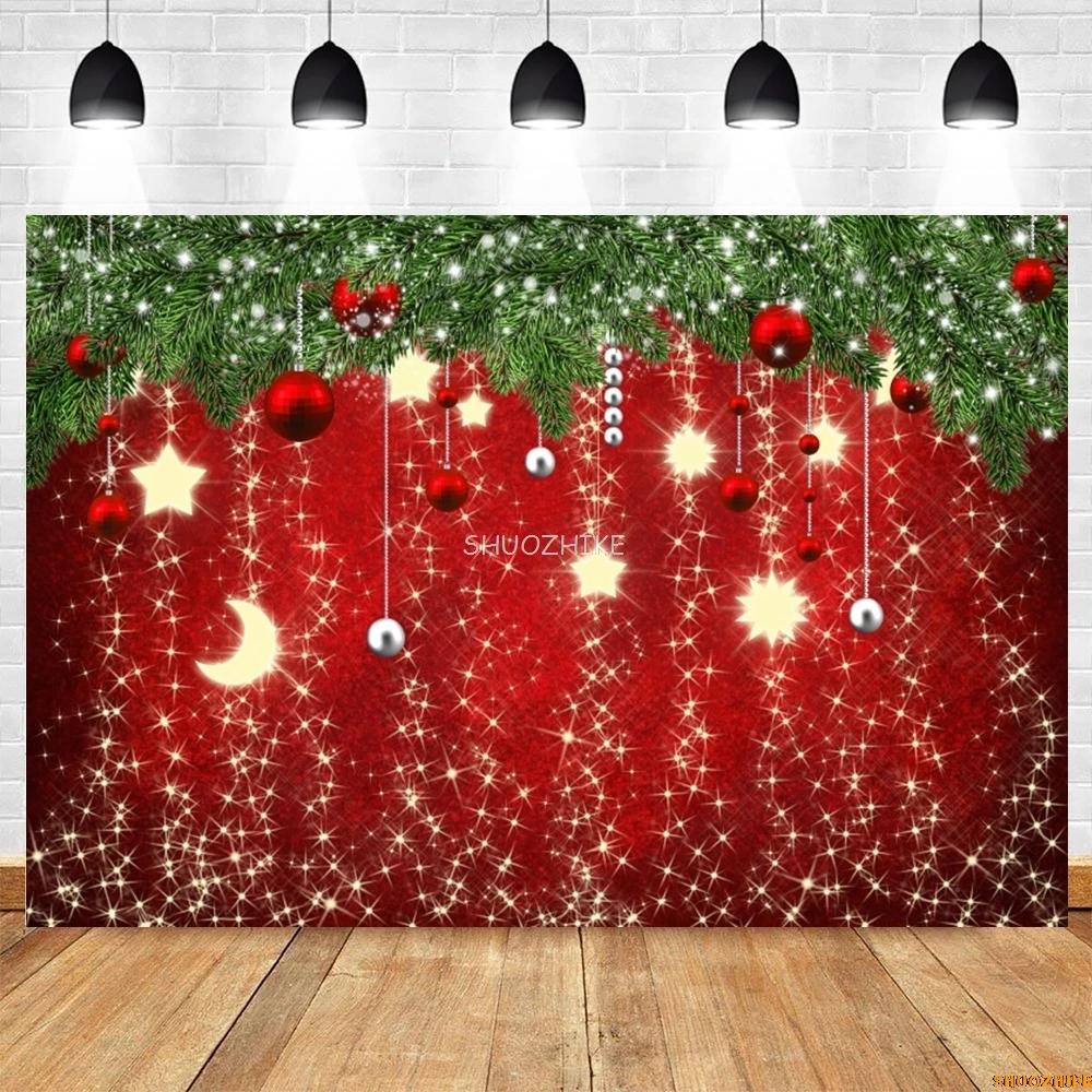 Buon Natale Sfondo Inverno Fiocco di neve Brillante Bokeh Glitter Stella Capodanno Rosso Palla di Natale Bambini Ritratto Fotografia Sfondo