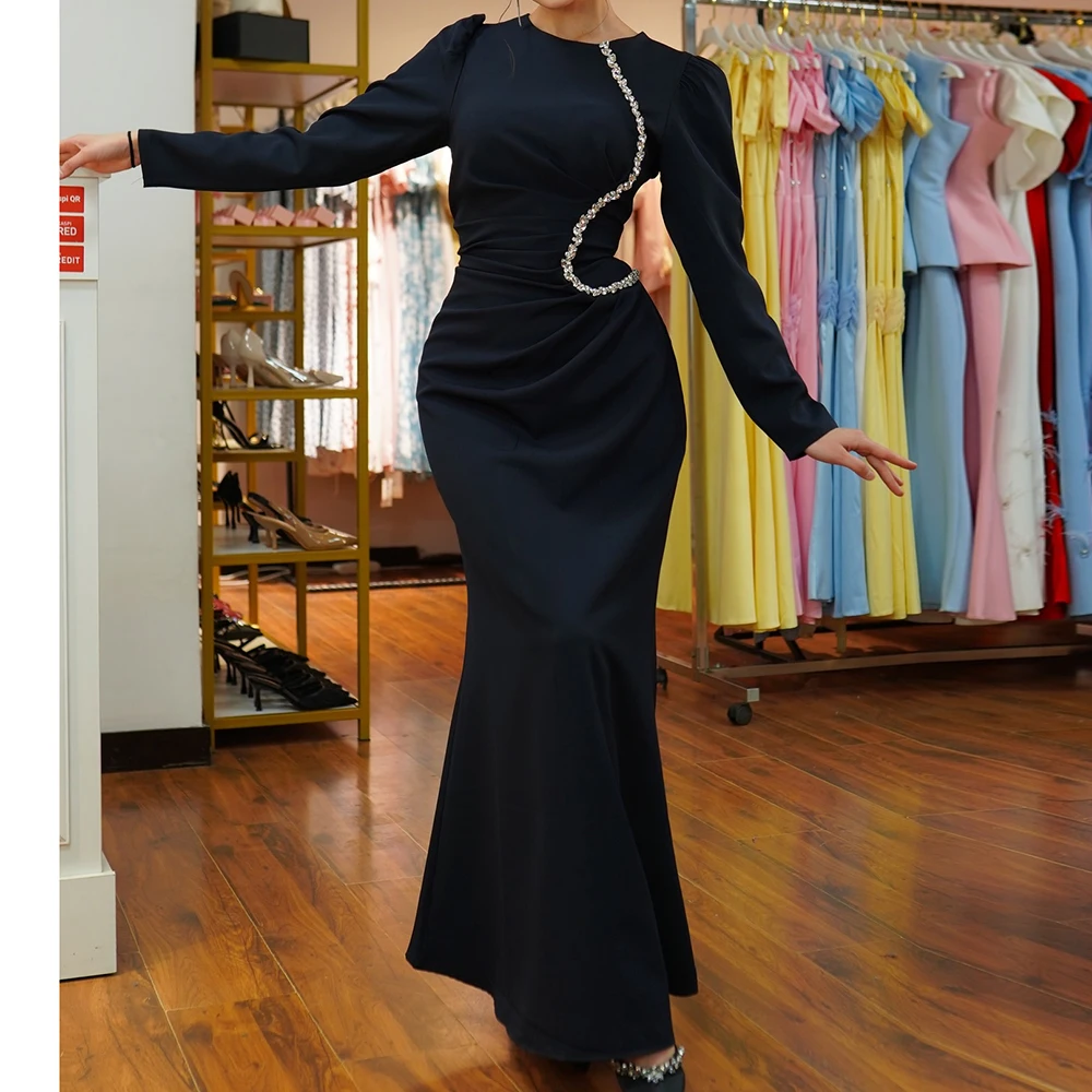 Personalizado a linha vestidos de noite tornozelo-comprimento o pescoço manga cheia vestido de baile moda cristal plissado simples drapeado vestido de festa