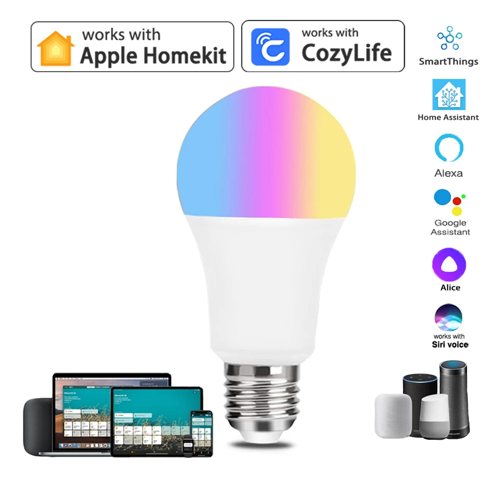 Homekit LED Smart Wifi Light Bulb E27 Lamp Multicoloured Dimmable LED Bulb with Siri Alexa Google SmartThings Alice  HomeAssist