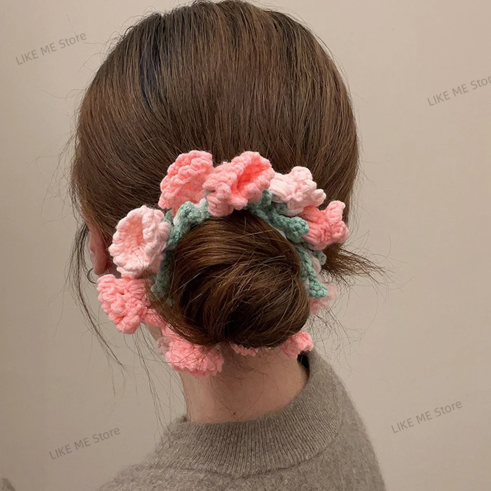 

Spring Handmand Lily of The Valley Wool Large Intestine Ring Girl Hair Tie Ponytail Hair Band Ball Head Rubber Band Hair Rope