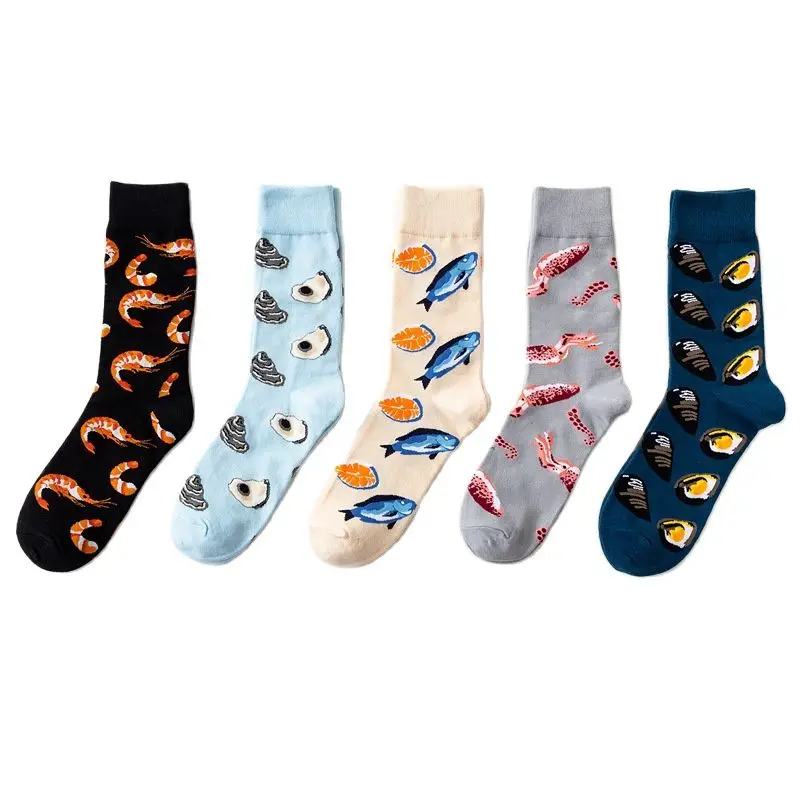 

New Men Funny Happy Cotton Warm Crew Socks Male Autumn Winter Thick Middle Tube Socks For Men Seafood Series