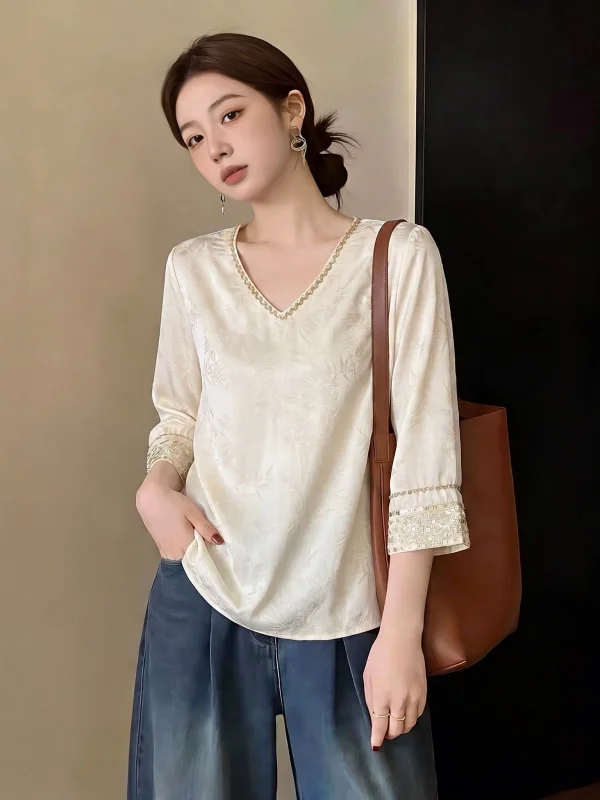 

Elegant Acetate Satin Short Sleeve V-Neck Shoulder Shirt Women's Fashion Korean Style Loose Fit Commute Style Summer New