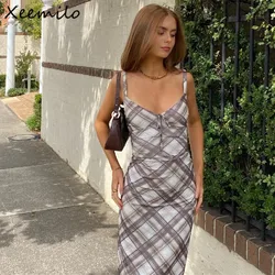 WhereMery Vintage Plaid Print V-neck Maxi Dress Sexy Backless Spaghetti Straps Sundresses Autumn Club Party Women Slim Vestidos