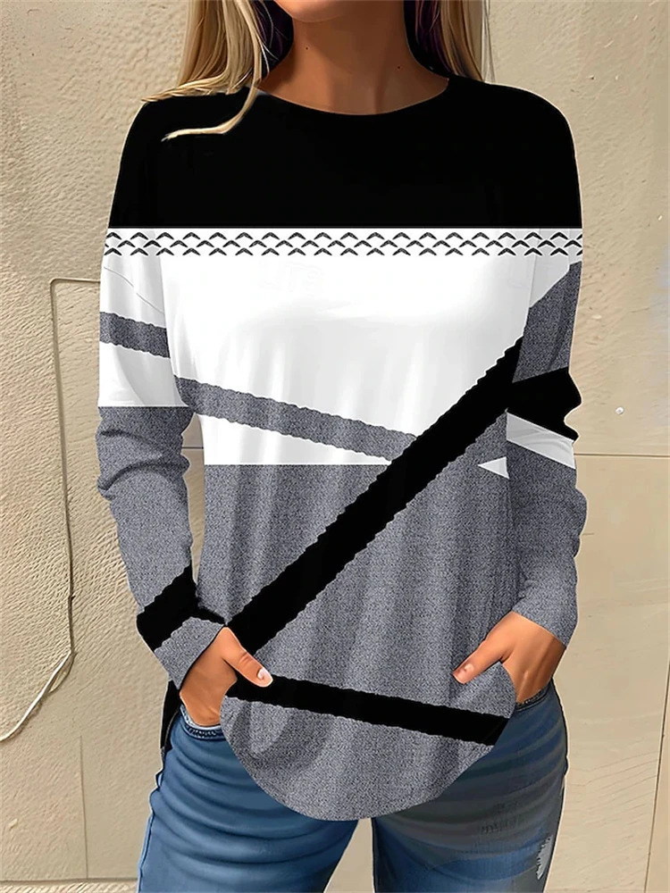 New Women's Autumn Long-Sleeve Color-Block Striped Top Comfortable Relaxed-Fit Casual T-Shirt with An Elegant Crew Neck
