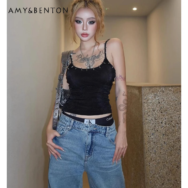 

American Retro Street Hot Girl Style Pure Desire Sexy U-neck Women's Sling Original Rivet Slim Black Camisole Vest Top Female