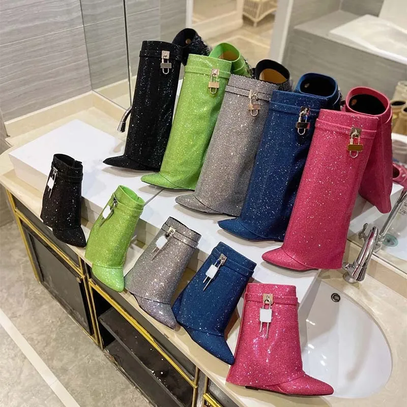 2024 Traf Fold Over Shark Lock Boots Pink Rhinestones Long Boots For Women Wedge Shoes Fashion Pointed Toe Crystal Lady Boot