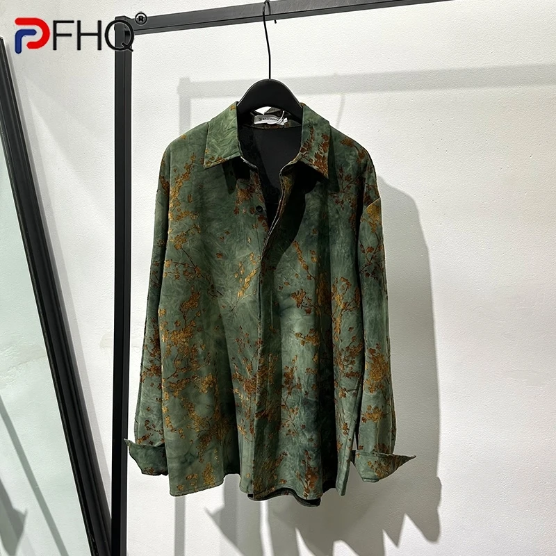 PFHQ Men\'s Autumn Printing Loose Fitting Long Sleeved Shirts Trendy Handsome Vintage Breathable Art Sun Protection Tops 21Z3031