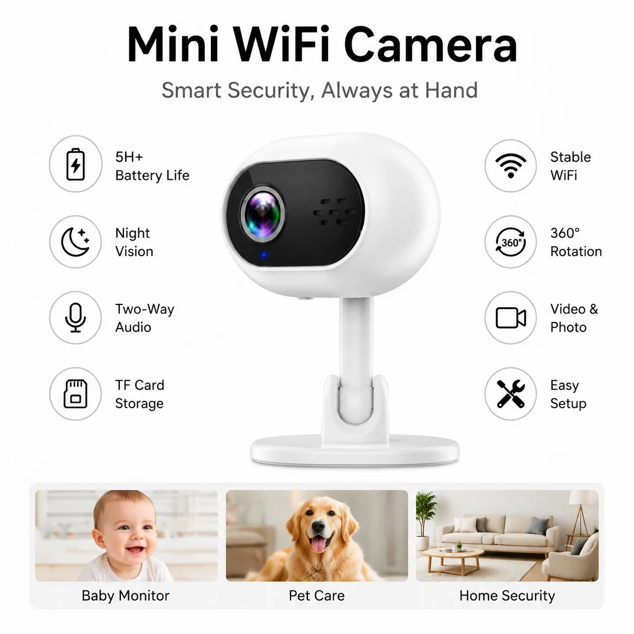 HD Home Security Camera Wireless WiFi Baby Monitor with Night Vision PanTilt TwoWay Audio Motion Detection TF Card Storage