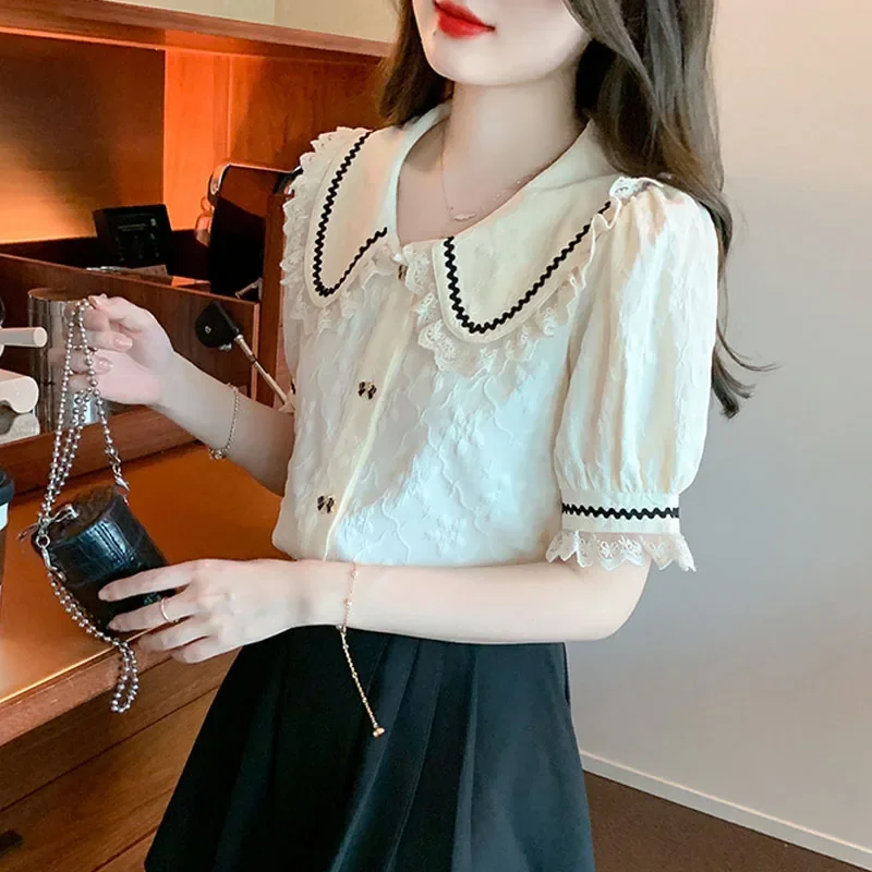 Summer Short Sleeve Doll Collar Women Shirt Office Lady Chiffon Shirt Blouse Women Tops Blusas Mujer De Moda 2024 Verano A278