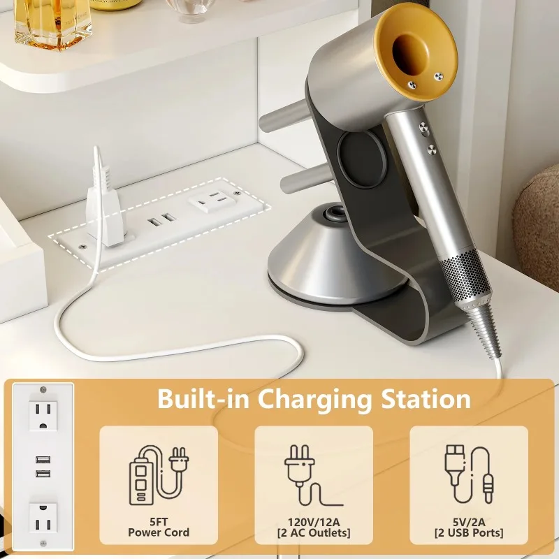 Makeup Vanity Desk Dressing Table with LED Lights & Power Strip - White