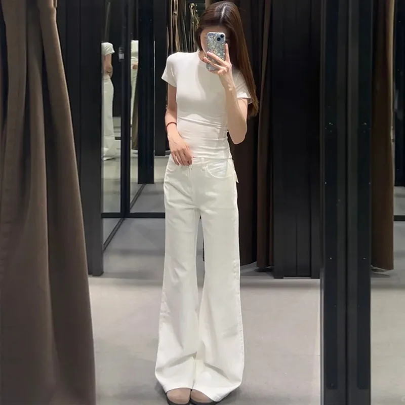 

White American Minimalist Low Waist Flared Jeans Women's Slim Fit Floor-Length Bell Bottoms Spring Wear Cotton Stretch Denim