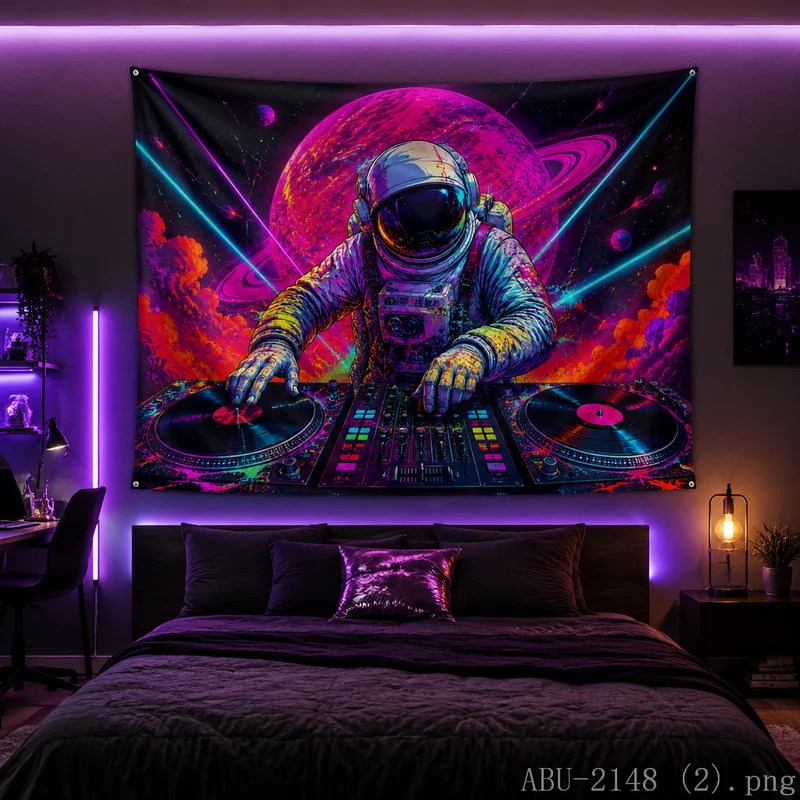 VIKAMA Psychedelic DJ Astronaut Tapestry Colorful Space Planet Cosmic Wall Hanging Gaming Room Party Decor, Home Decor