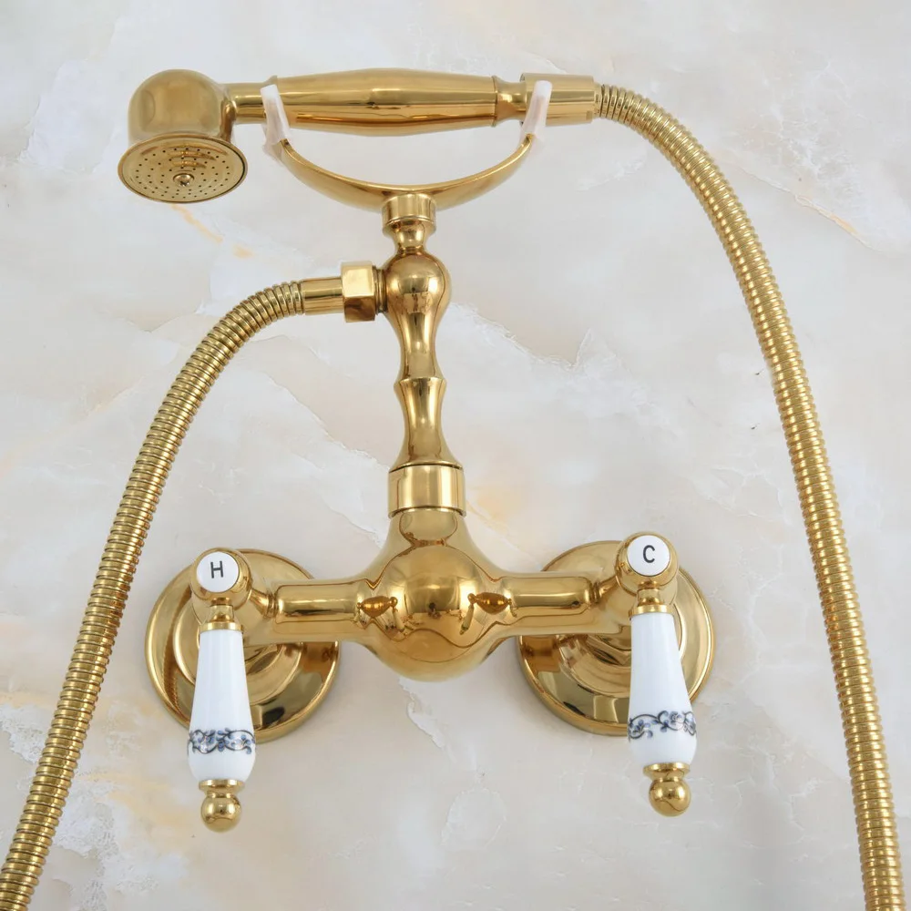 

Modern Polished Gold Color Brass Wall Mount Bathtub Faucet with Handheld Shower Set +1.5M Hose Mixer Tap 2na841