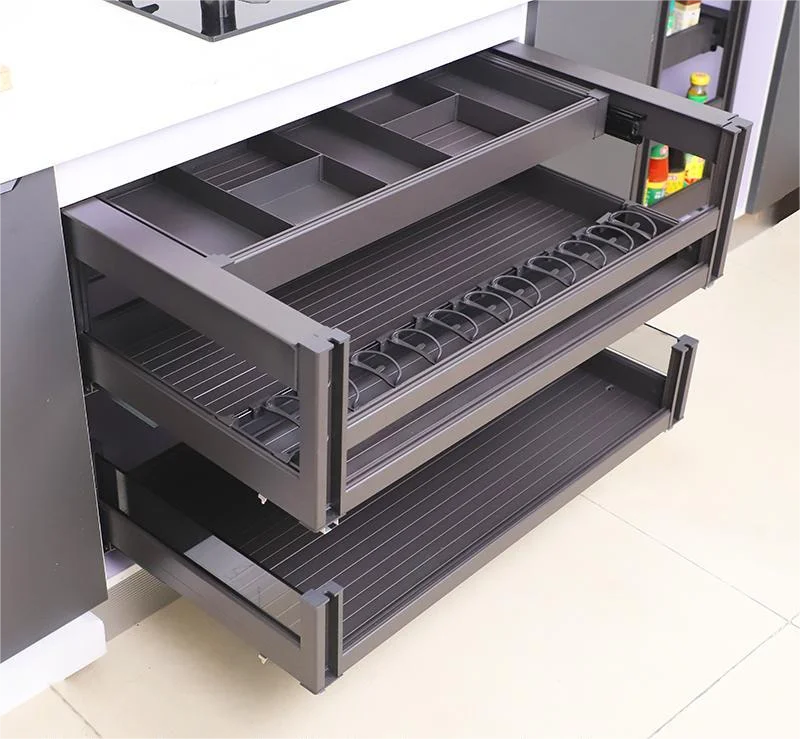 2-Tier Sliding Kitchen Cabinet Drawer Basket Modern Aluminium Pull Out Basket With Cutlery Tray