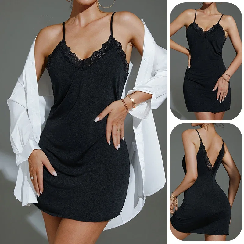 

Women Sexy Nightdress Lace Patchwork Backless Spaghetti Strap Mini Night Dress