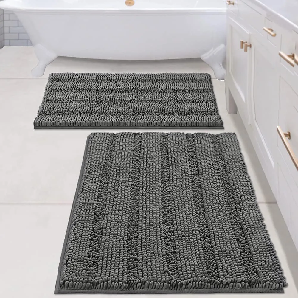 2 Piece Bathroom Set Bathroom Rugs, Bath Mats Set Super Absorbent Chenille Striped Bath Mats Non Wash Dry Rug for Bathroom Floor