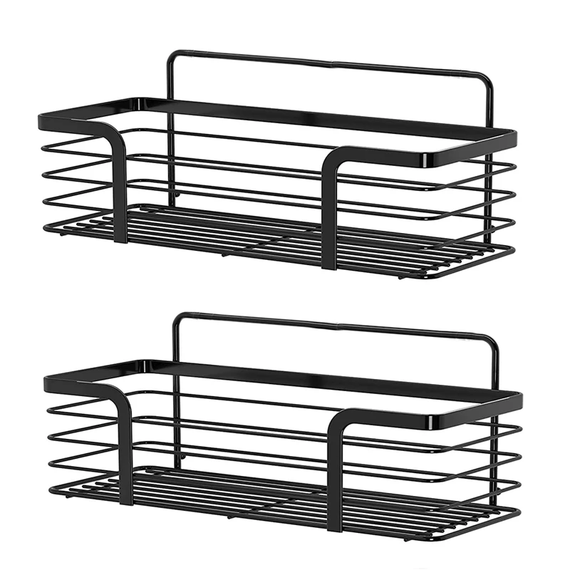 

BEAU-2Pcs Adhesive Shower Caddy Organiser Basket Bathroom Kitchen Storage Shelf Wall Mounted Stainless Steel No Drilling