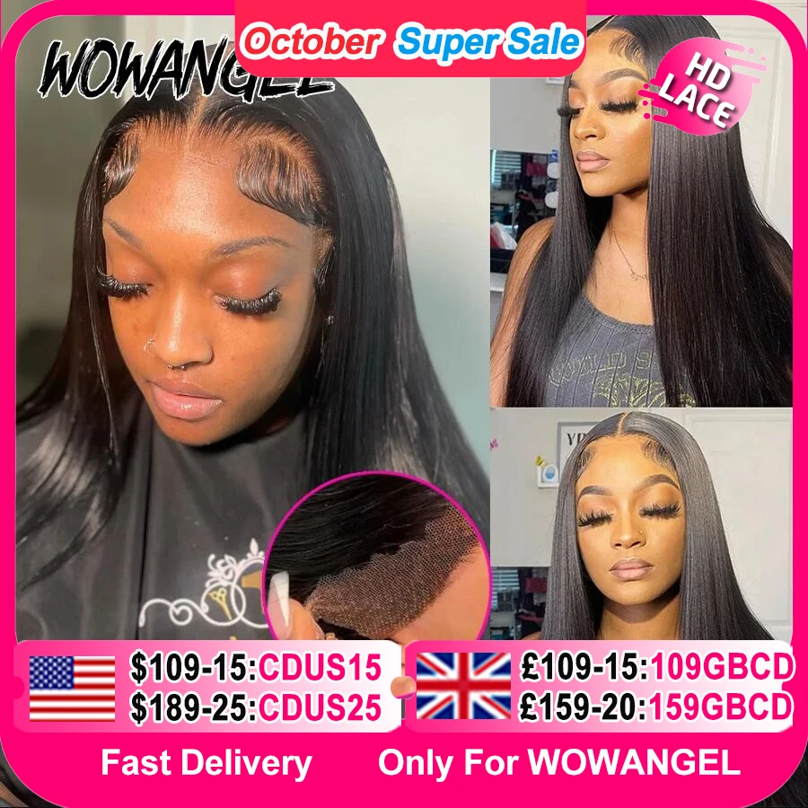 WowAngel Pre Cut Ultra Fitted 9x6 HD Lace Closure Бесклеевые парики Готовые к ношению парики из человеческих волос Прямые расплавленные кожаные парики для женщин Парики