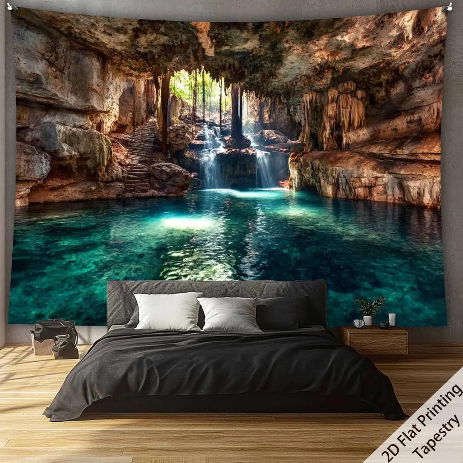 Cenote Cave Tapestry Wall Hanging Underground Waterfall Lagoon Landscape Tapestry Boho Home Decor for Living Room Bedroom