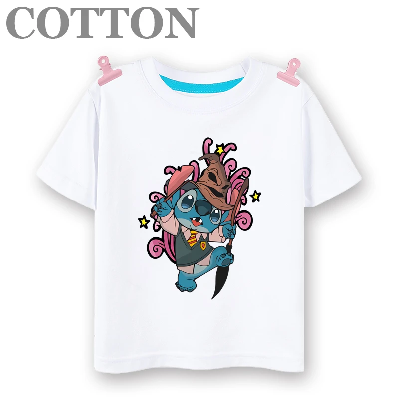 Disney Anime Stitch Summer Fashion Cotton Children's Multiple Cartoon T-shirts with Round Neck Short Sleeve Print Pattern