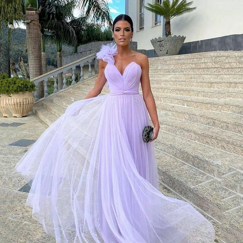 

IRIDESCENT Lilac One Shoulder Long Prom Dresses Wedding Party Gowns Pleats Tulle Vestidos De Festa Formal Evening Dress Women