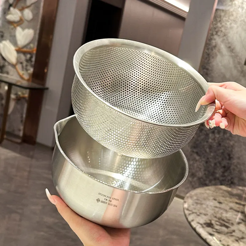Stainless Steel Colander Basket Thicken Rice Washing Strainer Kitchen Baking Mixing Bowl Rustproof Drain Basin for Vegetables